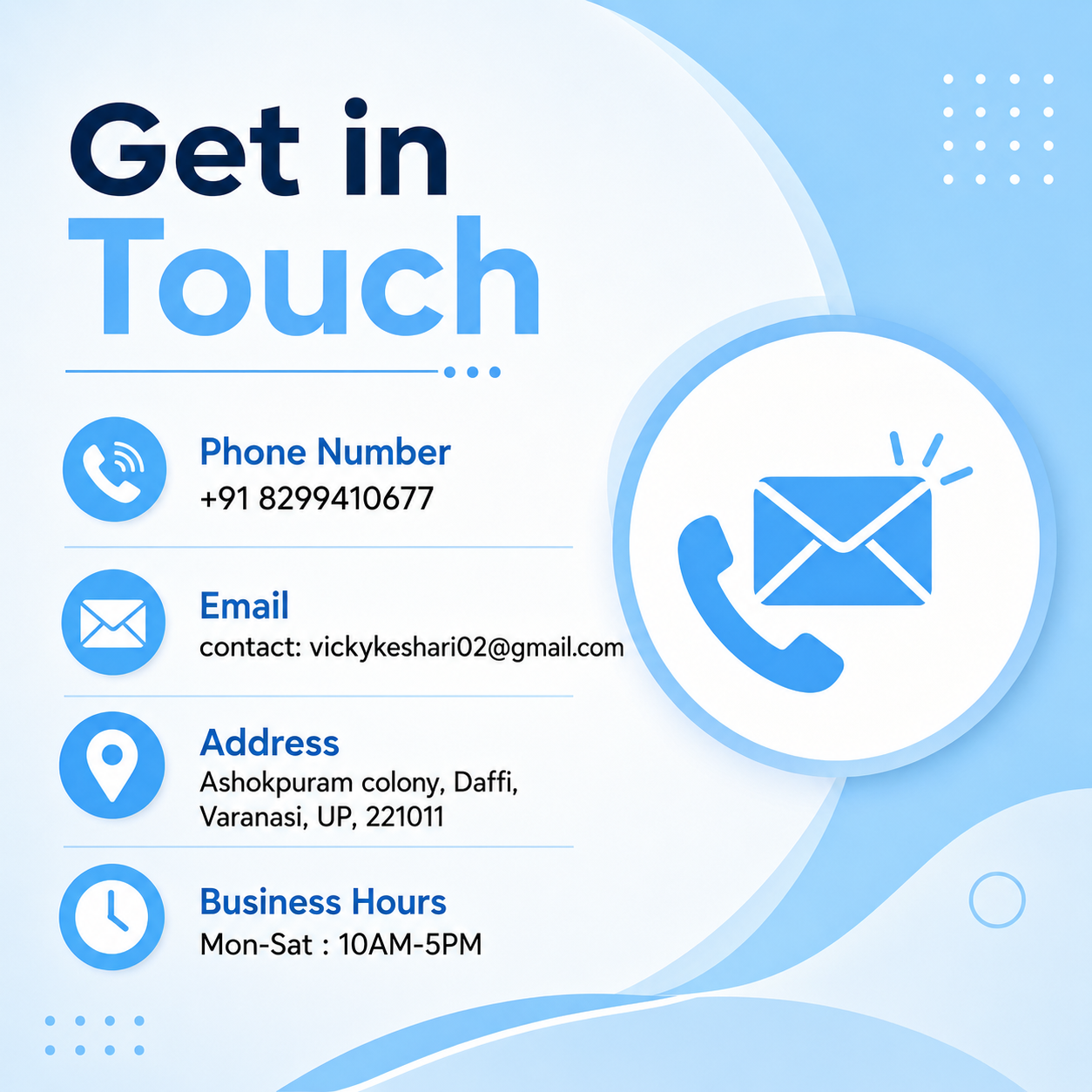 Get in Touch contact information with phone, email, address, and business hours