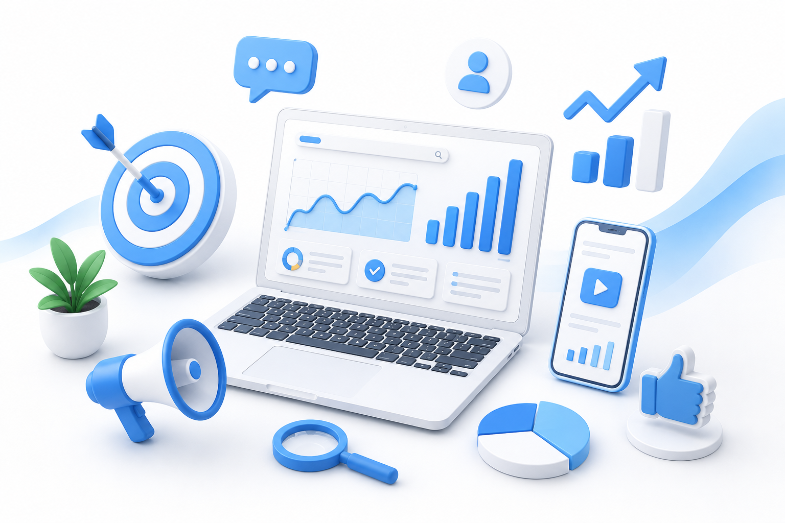 3D digital marketing workspace with analytics and growth icons