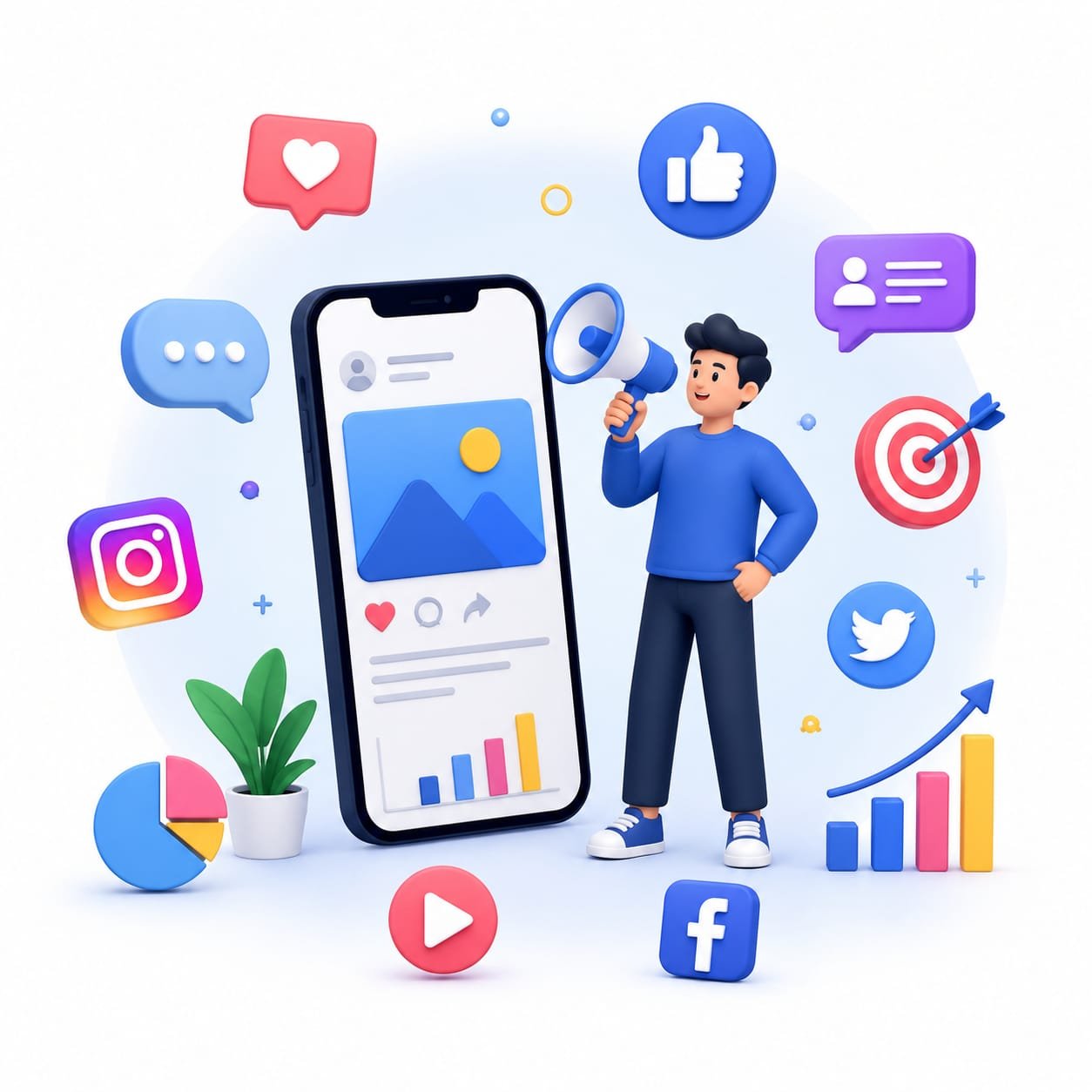 3D illustration of social media marketing with a smartphone, social media icons, engagement symbols, target, analytics chart, and a marketer using a megaphone.