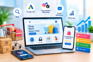 commerce marketing strategy with online shopping, SEO, Google Ads, social media, email marketing, and sales growth.