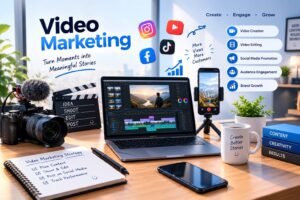 Professional video marketing setup with camera, editing screen, and social media analytics.