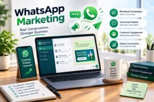 WhatsApp marketing with business growth graphics.